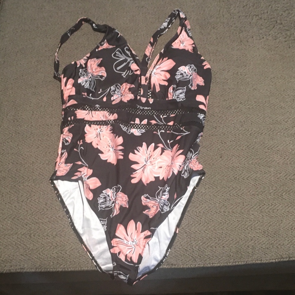 Women’s Pink Floral One-Piece Swimsuit - Black Base